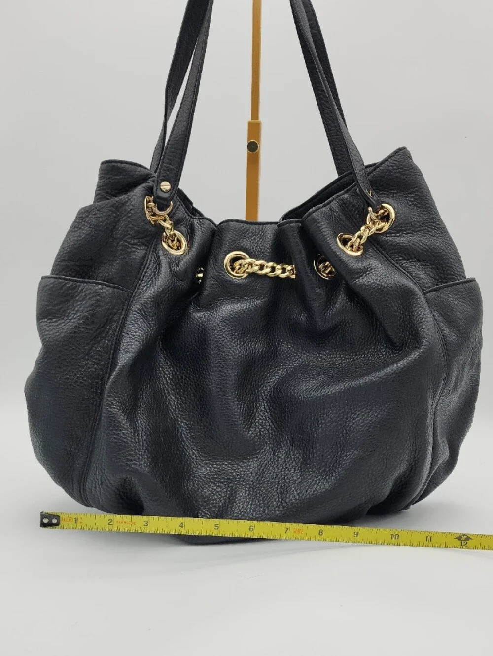 Michael Kors Black Leather Drawstring Shoulder Bag with Gold Hardware